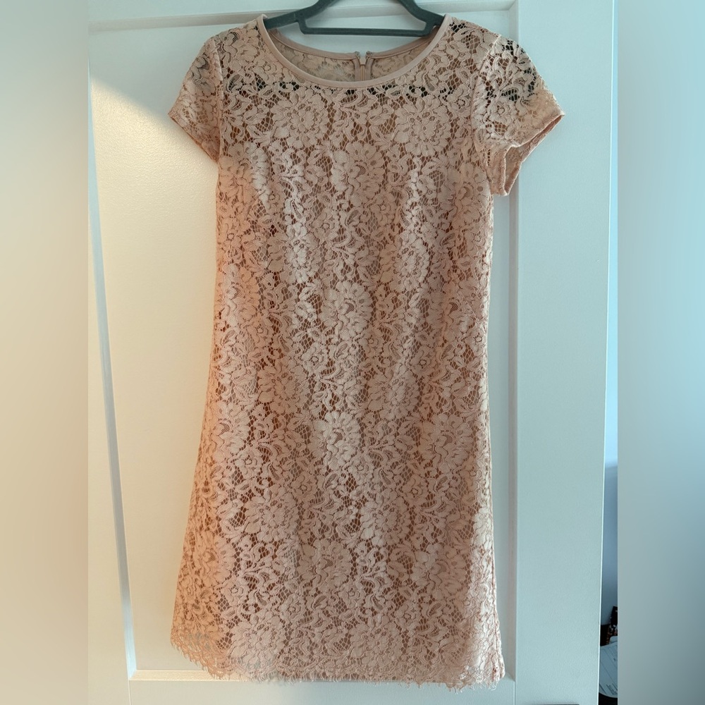 LOFT Pink Sheath Dress with Short Sleeves and Crew Neck